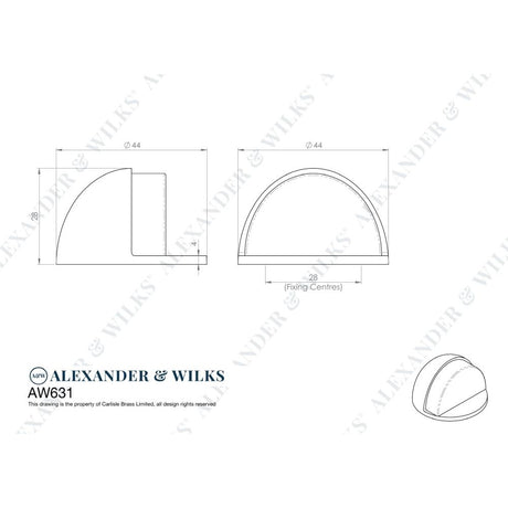 Line technical drawing image of Alexander & Wilks - Shield Floor Mounted Door Stop - Polished Chrome | Sku. aw631pc | Trade Door Handles.