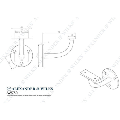Line technical drawing image of Alexander & Wilks - Architectural Handrail Bracket - Polished Chrome | Sku. aw750pc | Trade Door Handles.