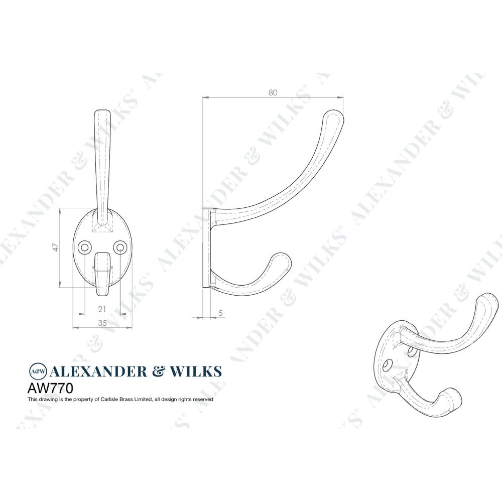 Line technical drawing image of Alexander & Wilks - Victorian Hat and Coat Hook - Antique Brass | Sku. aw770ab | Trade Door Handles.