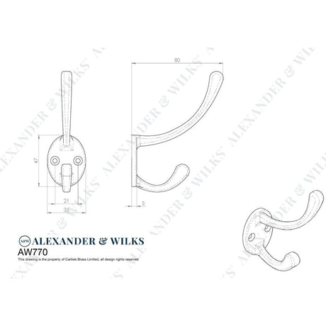 Line technical drawing image of Alexander & Wilks - Victorian Hat and Coat Hook - Antique Brass | Sku. aw770ab | Trade Door Handles.