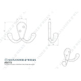 Line technical drawing image of Alexander & Wilks - Victorian Double Robe Hook - Antique Brass | Sku. aw773ab | Trade Door Handles.