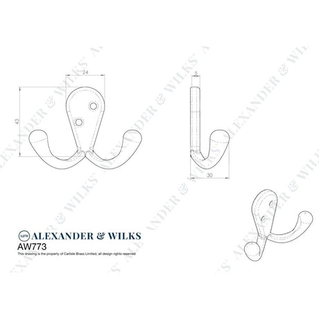 Line technical drawing image of Alexander & Wilks - Victorian Double Robe Hook - Polished Nickel | Sku. aw773pn | Trade Door Handles.