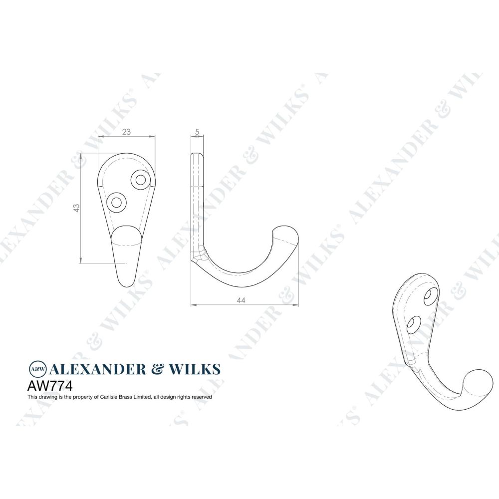 Line technical drawing image of Alexander & Wilks - Victorian Single Robe Hook - Polished Chrome | Sku. aw774pc | Trade Door Handles.