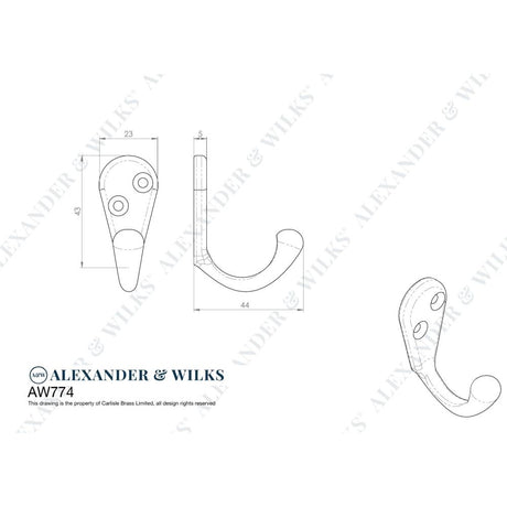 Line technical drawing image of Alexander & Wilks - Victorian Single Robe Hook - Polished Chrome | Sku. aw774pc | Trade Door Handles.
