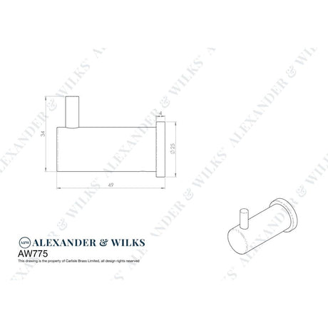 Line technical drawing image of Alexander & Wilks - Brunel Knurled Coat Hook - Polished Chrome | Sku. aw775pc | Trade Door Handles.