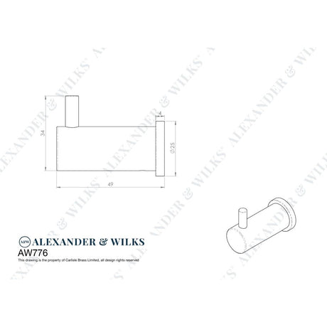 Line technical drawing image of Alexander & Wilks - Brunel Reeded Coat Hook - Polished Chrome | Sku. aw776pc | Trade Door Handles.