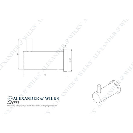 Line technical drawing image of Alexander & Wilks - Brunel Plain Coat Hook Satin Nickel | Sku. aw777sn | Trade Door Handles.