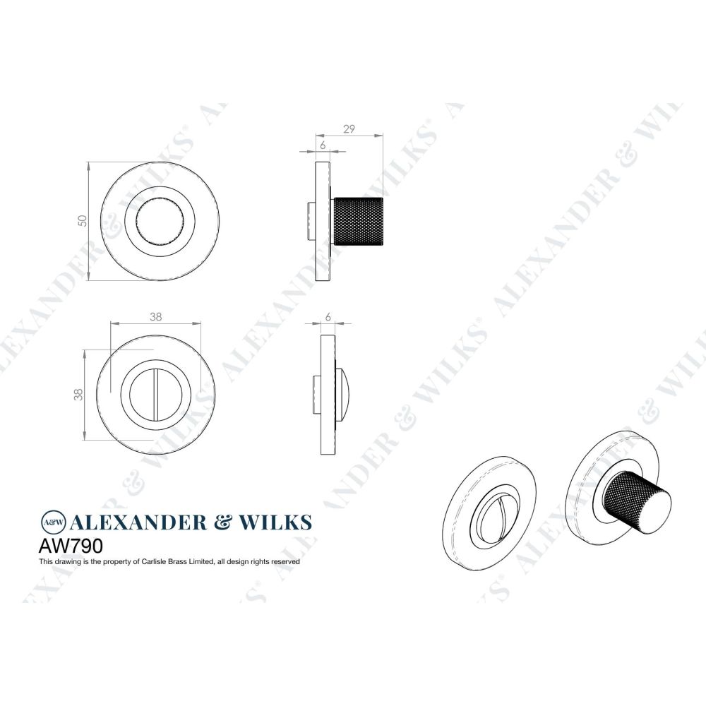 Line technical drawing image of Alexander & Wilks - Knurled Thumbturn and Release - Antique Brass | Sku. aw790ab | Trade Door Handles.
