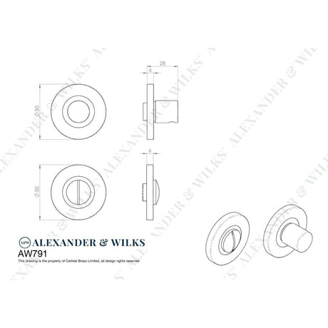 Line technical drawing image of Alexander & Wilks - Plain Thumbturn and Release - Satin Brass PVD | Sku. aw791sbpvd | Trade Door Handles.