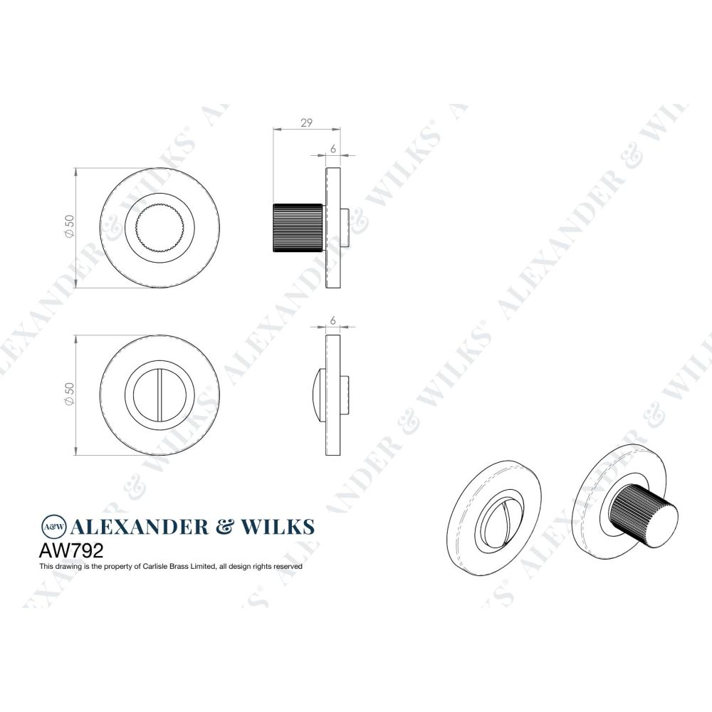 Line technical drawing image of Alexander & Wilks - Reeded Thumbturn and Release - Polished Nickel PVD | Sku. aw792pnpvd | Trade Door Handles.