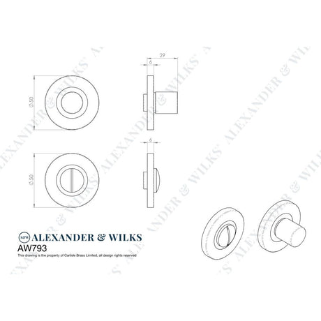 Line technical drawing image of Alexander & Wilks - Hammered Thumbturn and Release - Satin Brass | Sku. aw793sb | Trade Door Handles.
