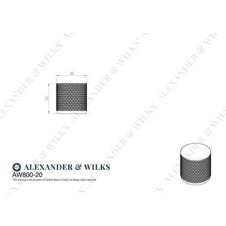 Line technical drawing image of Alexander & Wilks Brunel Knurled Cylinder Cupboard Knob - Satin Nickel - 20mm | Sku. aw800-20-sn | Trade Door Handles.