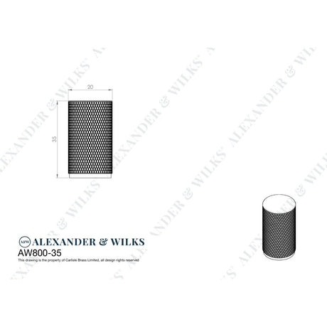 Line technical drawing image of Alexander & Wilks Brunel Knurled Cylinder Cupboard Knob - Polished Nickel - 35mm | Sku. aw800-35-pn | Trade Door Handles.