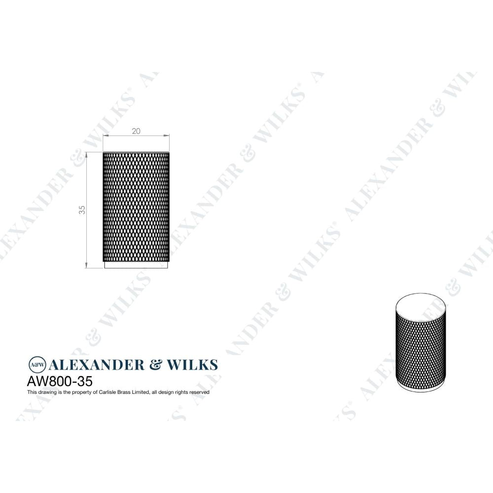 Line technical drawing image of Alexander & Wilks Brunel Knurled Cylinder Cupboard Knob - Satin Brass PVD - 35mm | Sku. aw800-35-sbpvd | Trade Door Handles.
