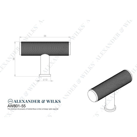 Line technical drawing image of Alexander & Wilks Crispin Knurled T-bar Cupboard Knob - Polished Chrome | Sku. aw801-55-pc | Trade Door Handles.