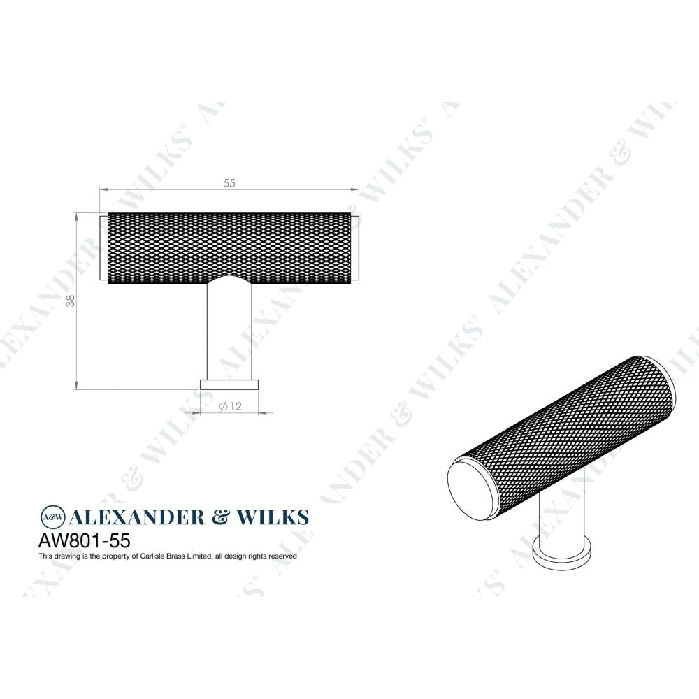 Line technical drawing image of Alexander & Wilks Crispin Knurled T-bar Cupboard Knob - Polished Nickel | Sku. aw801-55-pn | Trade Door Handles.