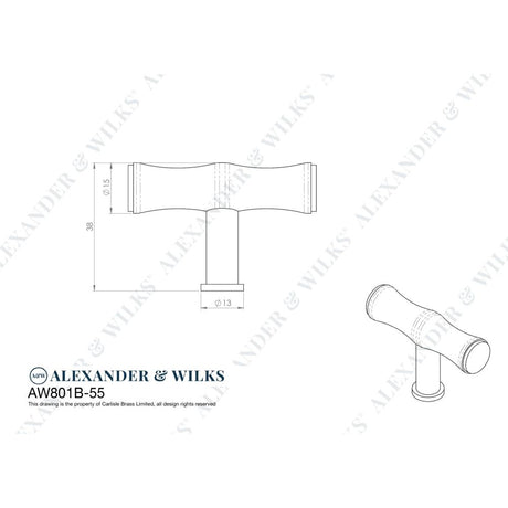 Line technical drawing image of Alexander & Wilks Crispin Bamboo T-bar Cupboard Knob - Antique Brass | Sku. aw801b-55-ab | Trade Door Handles.
