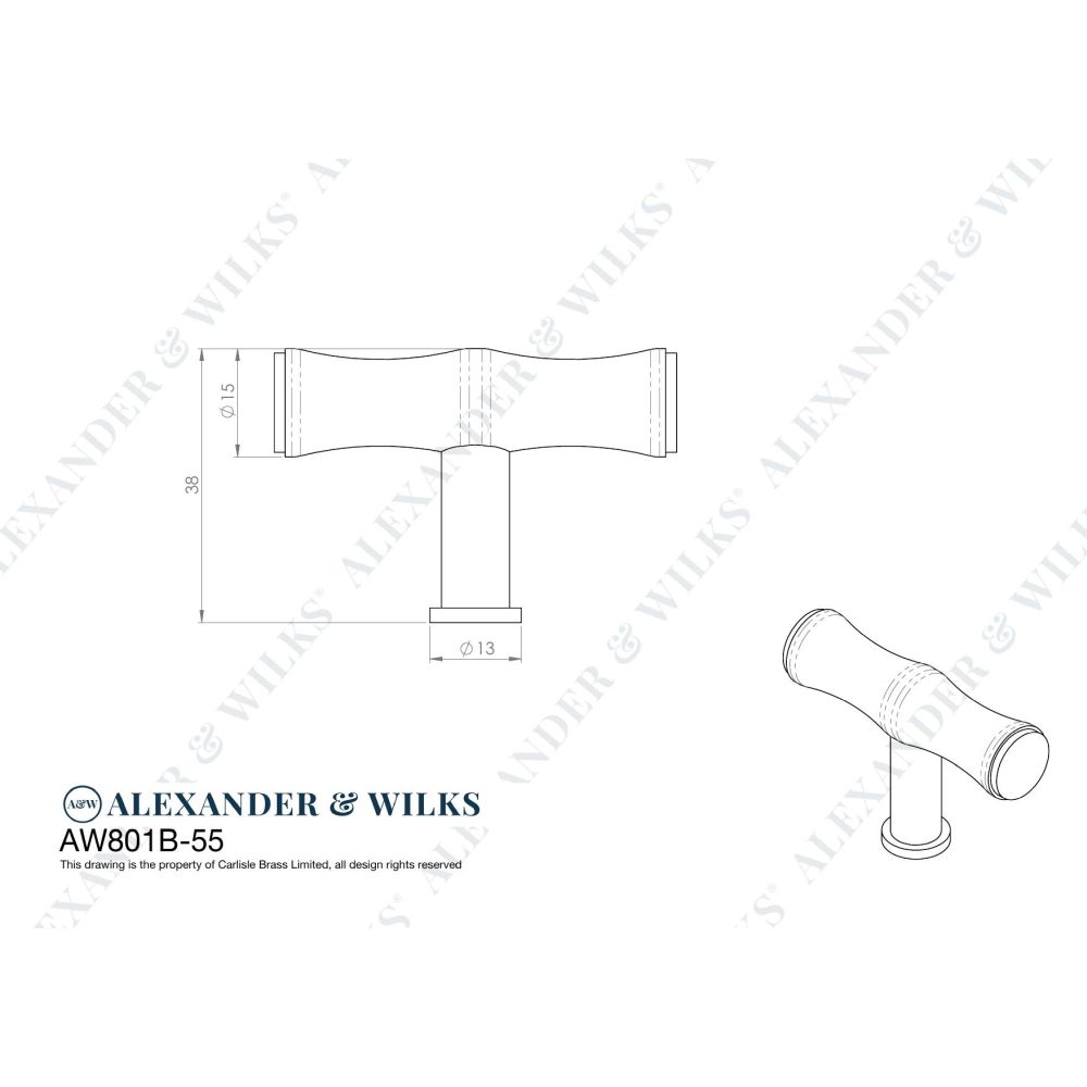 Line technical drawing image of Alexander & Wilks Crispin Bamboo T-bar Cupboard Knob - Black | Sku. aw801b-55-bl | Trade Door Handles.