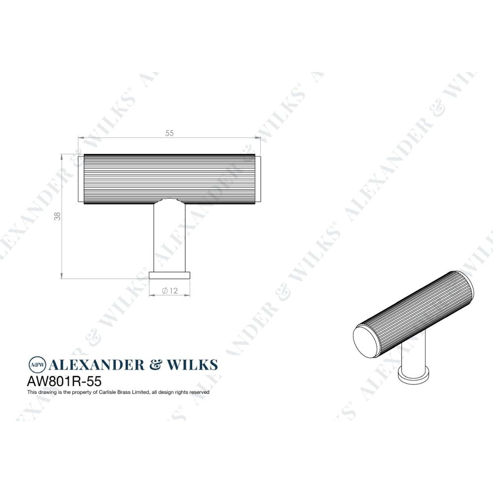 Line technical drawing image of Alexander & Wilks Crispin Reeded T-bar Cupboard Knob - Black | Sku. aw801r-55-bl | Trade Door Handles.