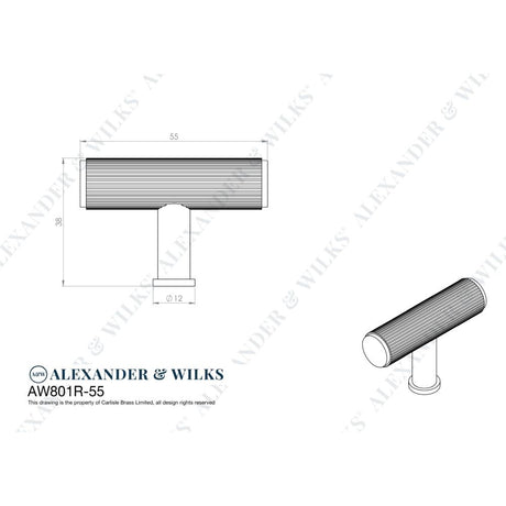 Line technical drawing image of Alexander & Wilks Crispin Reeded T-bar Cupboard Knob - Satin Brass PVD | Sku. aw801r-55-sbpvd | Trade Door Handles.