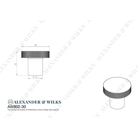 Line technical drawing image of Alexander & Wilks Hanover Knurled Circular Cupboard Knob - Antique Brass - 30mm | Sku. aw802-30-ab | Trade Door Handles.