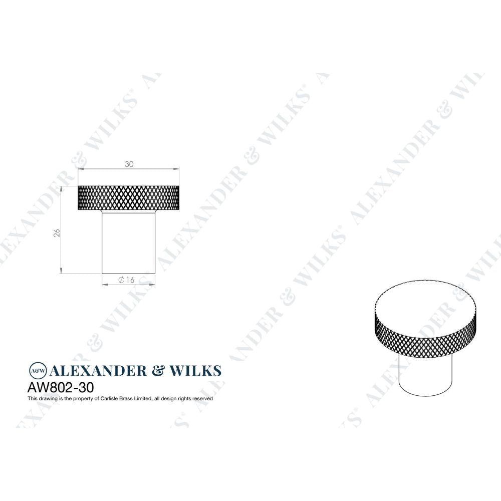 Line technical drawing image of Alexander & Wilks Hanover Knurled Circular Cupboard Knob - Black - 30mm | Sku. aw802-30-bl | Trade Door Handles.