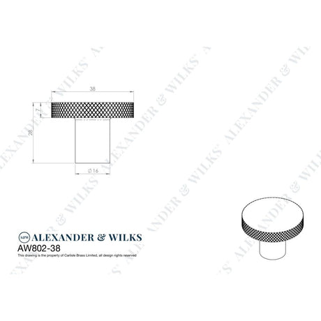Line technical drawing image of Alexander & Wilks Hanover Knurled Circular Cupboard Knob - Antique Brass - 38mm | Sku. aw802-38-ab | Trade Door Handles.