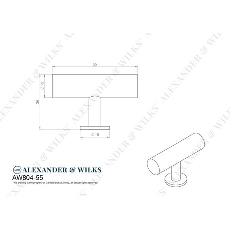 Line technical drawing image of Alexander & Wilks - Leila Hammered T-Bar Knob - Antique Brass | Sku. aw804-55-ab | Trade Door Handles.