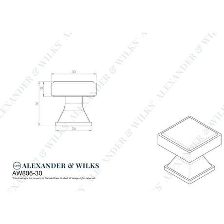 Line technical drawing image of Alexander & Wilks Jesper Square Cupboard Knob - Polished Chrome | Sku. aw806-30-pc | Trade Door Handles.