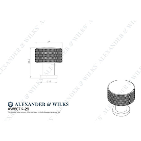 Line technical drawing image of Alexander & Wilks Lucia Knurled Cupboard Knob - Antique Brass - 29mm | Sku. aw807k-29-ab | Trade Door Handles.