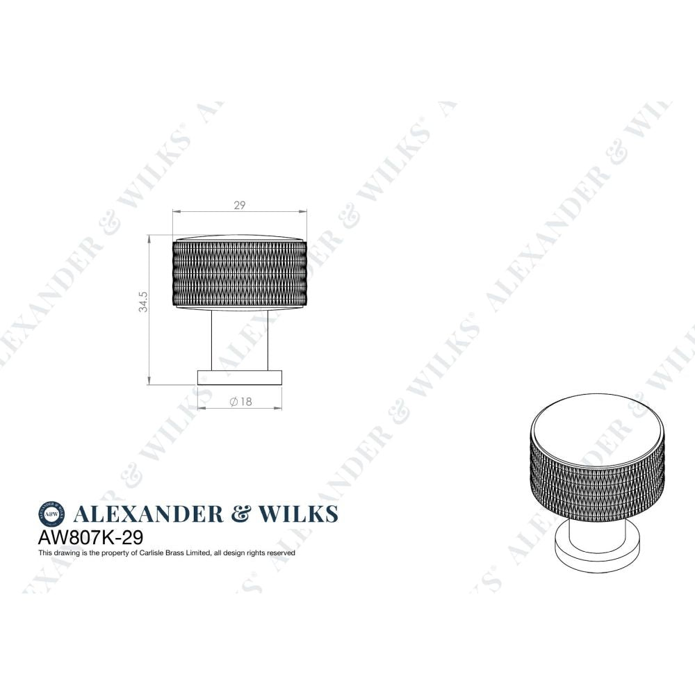Line technical drawing image of Alexander & Wilks Lucia Knurled Cupboard Knob - Black - 29mm | Sku. aw807k-29-bl | Trade Door Handles.