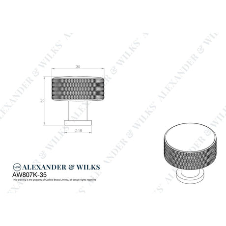 Line technical drawing image of Alexander & Wilks Lucia Knurled Cupboard Knob - Antique Brass - 35mm | Sku. aw807k-35-ab | Trade Door Handles.