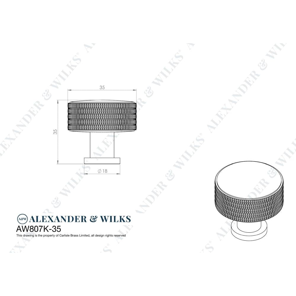 Line technical drawing image of Alexander & Wilks Lucia Knurled Cupboard Knob - Satin Nickel - 35mm | Sku. aw807k-35-sn | Trade Door Handles.