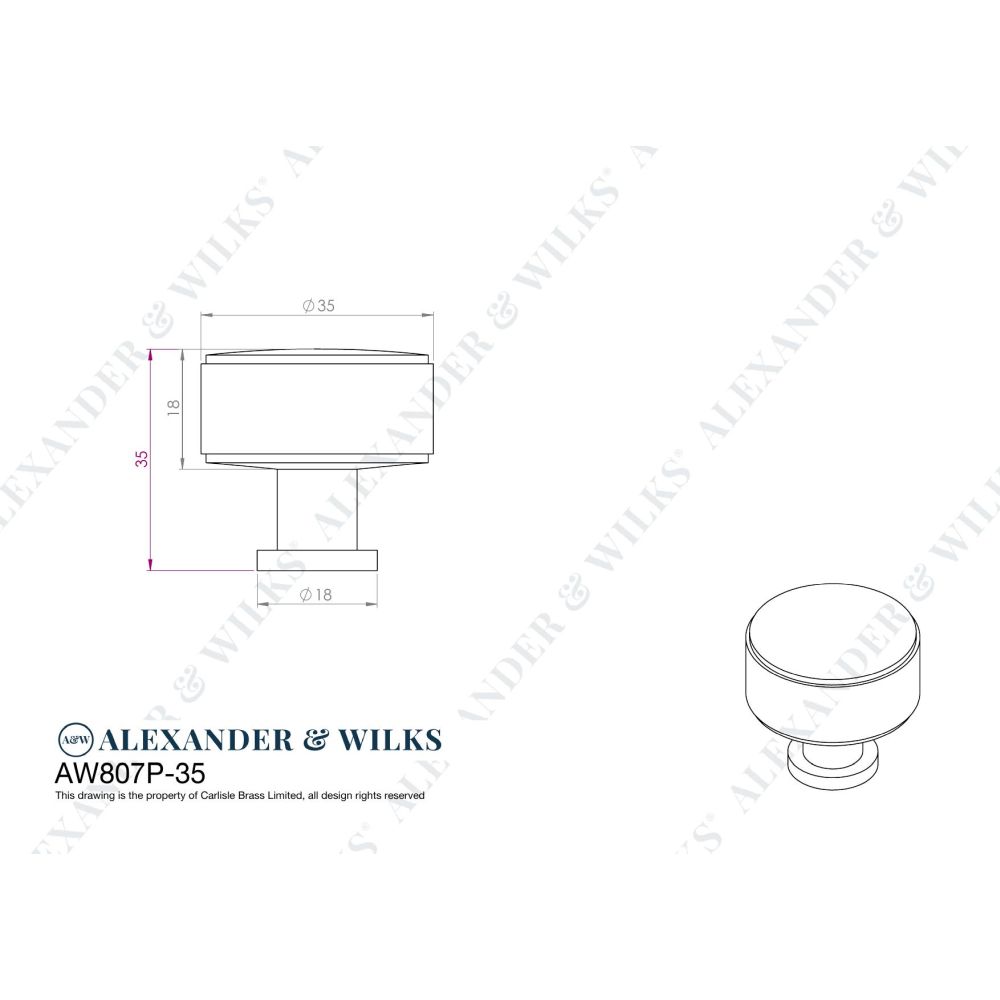 Line technical drawing image of Alexander & Wilks Lucia Plain Cabinet Knob-Antique Brass-35mm Dia. | Sku. AW807P-35-AB | Trade Door Handles.