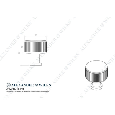Line technical drawing image of Alexander & Wilks Lucia Reeded Cupboard Knob - Antique Brass - 29mm | Sku. aw807r-29-ab | Trade Door Handles.