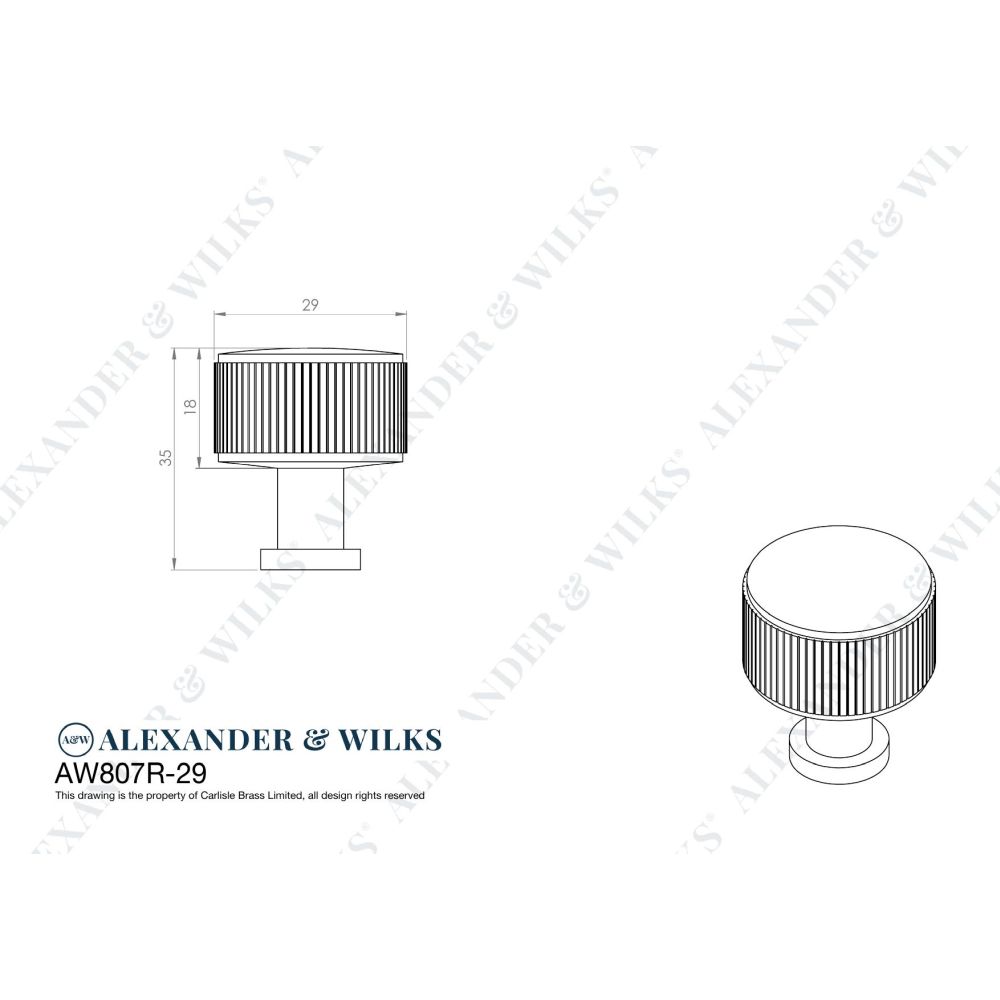 Line technical drawing image of Alexander & Wilks Lucia Reeded Cupboard Knob - Dark Bronze PVD - 29mm | Sku. aw807r-29-dbzpvd | Trade Door Handles.