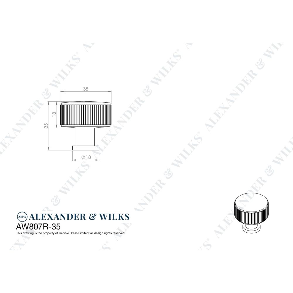 Line technical drawing image of Alexander & Wilks Lucia Reeded Cupboard Knob - Black - 35mm | Sku. aw807r-35-bl | Trade Door Handles.
