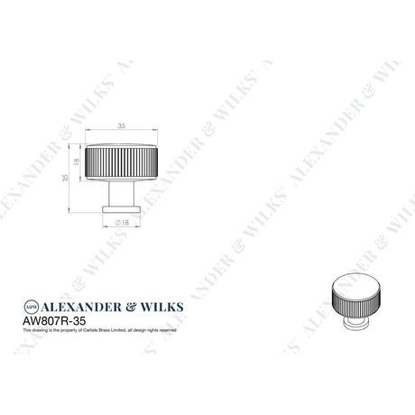 Line technical drawing image of Alexander & Wilks Lucia Reeded Cupboard Knob - Satin Nickel - 35mm | Sku. aw807r-35-sn | Trade Door Handles.