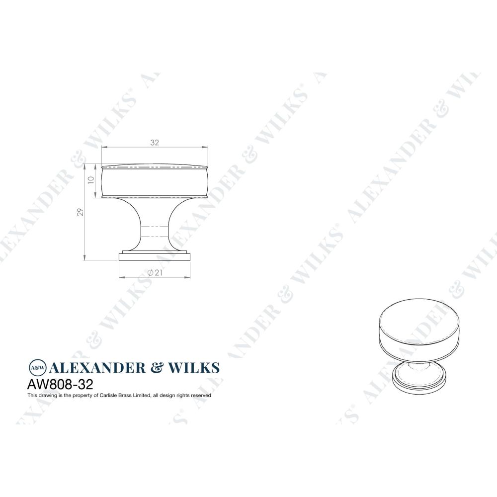 Line technical drawing image of Alexander & Wilks Lynd Cupboard Knob - Antique Brass - 38mm | Sku. aw808-38-ab | Trade Door Handles.