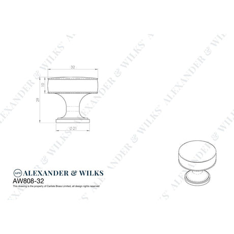 Line technical drawing image of Alexander & Wilks Lynd Cupboard Knob - Polished Chrome - 38mm | Sku. aw808-38-pc | Trade Door Handles.