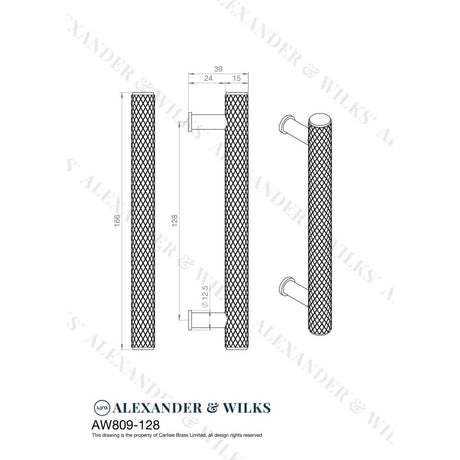 Line technical drawing image of Alexander & Wilks Crispin Knurled T-bar Cupboard Pull Handle - Black - Centres 128mm | Sku. aw809-128-bl | Trade Door Handles.