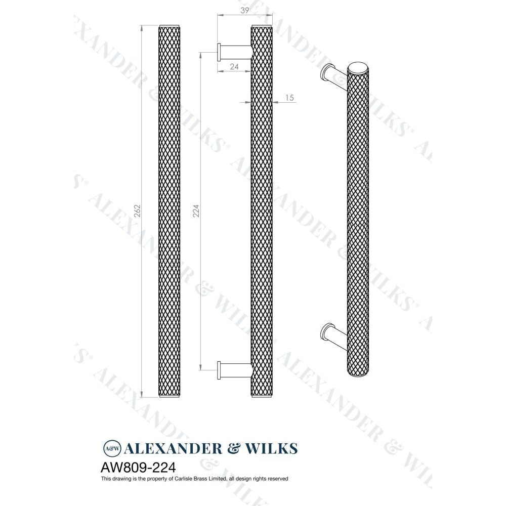 Line technical drawing image of Alexander & Wilks Crispin Knurled T-bar Cupboard Pull Handle - Antique Brass - Centres 224mm | Sku. aw809-224-ab | Trade Door Handles.