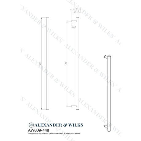 Line technical drawing image of Alexander & Wilks Crispin Knurled T-bar Cupboard Pull Handle-Satin Brass PVD-448mm c/c | Sku. AW809-448-SBPVD | Trade Door Handles.