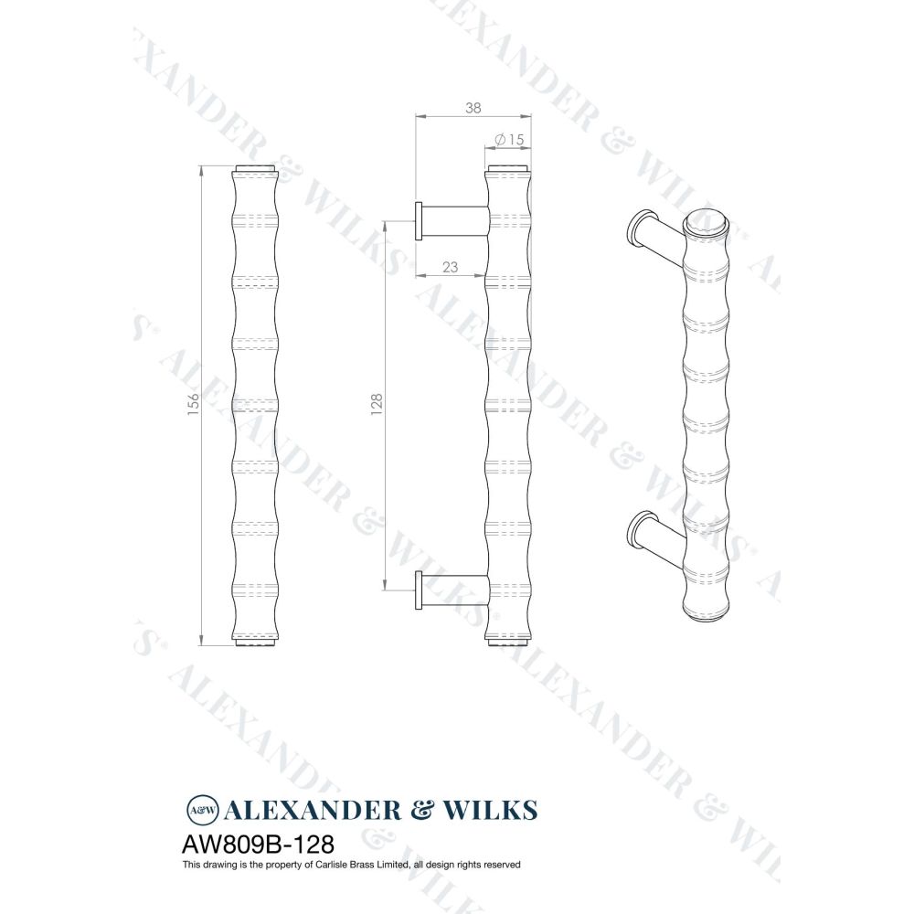 Line technical drawing image of Alexander & Wilks Crispin Bamboo T-bar Cupboard Pull Handle - Satin Brass PVD - 128mm Centres | Sku. aw809b-128-sbpvd | Trade Door Handles.