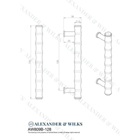 Line technical drawing image of Alexander & Wilks Crispin Bamboo T-bar Cupboard Pull Handle - Satin Brass PVD - 128mm Centres | Sku. aw809b-128-sbpvd | Trade Door Handles.