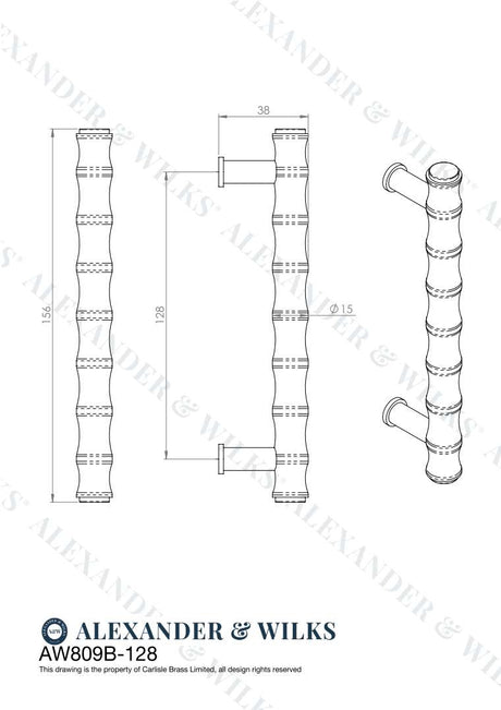 Alexander & Wilks Crispin Bamboo T-bar Cupboard Pull Handle - Satin Brass PVD - 128mm Centres