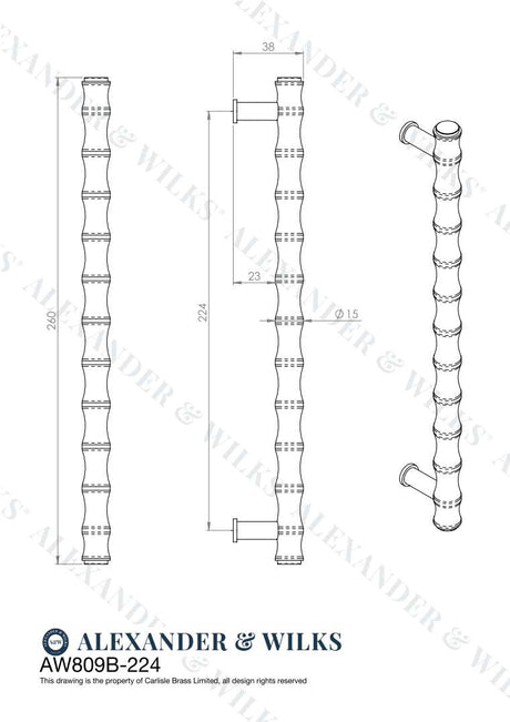 Alexander & Wilks Crispin Bamboo T-bar Cupboard Pull Handle - Satin Brass PVD - 224mm Centres