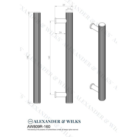 Line technical drawing image of Alexander & Wilks Crispin Reeded T-bar Cupboard Pull Handle - Satin Brass PVD - 160mm | Sku. aw809r-160-sbpvd | Trade Door Handles.