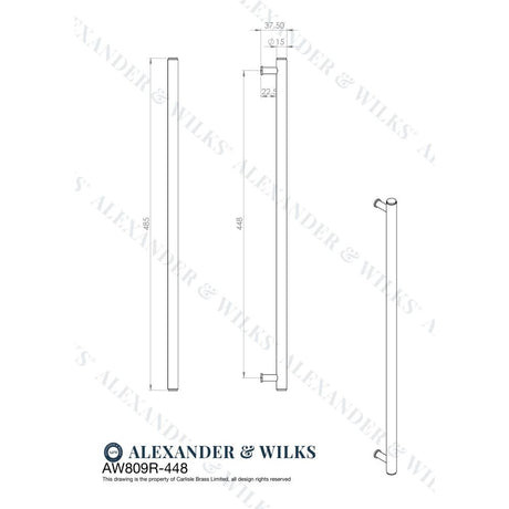Line technical drawing image of Alexander & Wilks Crispin Reeded T-bar Cupboard Pull Handle--448mm Centres - Antique Brass | Sku. AW809R-448-AB | Trade Door Handles.