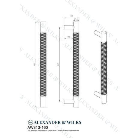 Line technical drawing image of Alexander & Wilks Brunel Knurled T-Bar Cupboard Handle - Black - Centres 160mm | Sku. aw810-160-bl | Trade Door Handles.